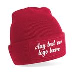 Personalised Beanie – Any Text, Any Image or Logo Patch Beanie – Custom Men’s Skullies & Wooly Hats with Adjustable Fit | Perfect for Winter Wear | Unisex Gift (Red)