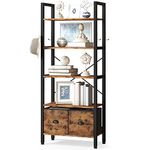 oneinmil 5-Tier Bookshelf with 2 Storage Drawers, Industrial Display Shelf with 4 Hooks, 60” Rustic Wooden Standing Bookshelves, Bookcase with Open Shelves for Living Room, Home Office, Brown