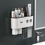 TuCao Double Automatic Toothpaste Dispensers Squeezer Kit with Toothbrush Holder Wall Mounted, Large Storage Organizer with 6 Toothbrush Slots, 2 Magnetic Cups and Cosmetic Organizer Drawer (2 Cups)