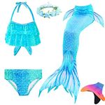 AUIE SAOSA Girls Mermaid Tail for Swimming Mermaid Swimsuit Fin and Flower Headband 5pcs 2Blue BR150