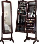 Giantex 14 LEDs Mirror Jewelry Cabinet with lock and key, Lockable Standing Jewelry Armoire with Full Length Mirror and 14 Auto-on LEDs, Storage Organizer with 2 Drawers, 4 Angles Adjustable (Brown)
