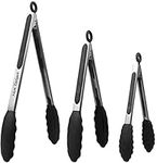 Hot Target Non-Stick Kitchen Tongs for Cooking - Set of 3: 7, 9, 12-Inch Cooking Tongs w/Rubber/Silicone Tips | Stainless Steel Tong, Metal | Salad Tongs, Pasta, Food Serving, Grill Tongs, BBQ