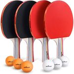 Abco Tech Ping-Pong Paddles and Balls Set - Professional, Recreational Table Tennis Paddles Set - Includes 4 Rackets with Flared Handles with 6 Balls - Black and Red Rubber for Optimal Spin Control