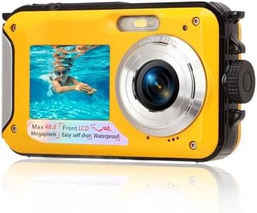 ElgnAura Waterproof Digital Camera, Full HD 2.7K 48MP Underwater Digital Camera, 10ft Waterproof, 16X Zoom, Digital Camera with Selfie Screen Dual Front/Rear Screens (Yellow)