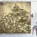 Ambesonne Nautical Home & Dorm Shower Curtain with Hooks, Kraken Octopus Tentacles with Ship Sail Boat in Ocean Waves Vintage, Decorative Set Bathroom Vanity & Powder Room, 69" W x 84" L, Yellow Olive