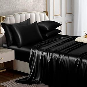 Horbaunal 4 Piece Satin Sheet Set Twin Size Luxury Silky & Soft Black Satin Twin Bed Sheet Set with 16" Deep Pocket, 1 Fitted Sheet, 1 Flat Sheet, 2 Pillowcases