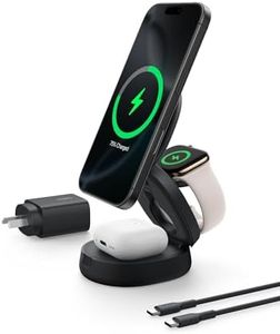 Belkin Portable Charger, 3-in-1 Convertible Wireless Charging Station 15W, MagSafe-Compatible Qi2 Wireless Charger for iPhone 16, Apple Watch, AirPods, Travel Charger, 36W PSU Included - Black