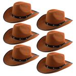 Brown Cowboy Hats - Pack of 6 - Felt Star Studded Cowboy Hat with String - Cowboy Cowgirl Hats Wild West Fancy Dress Accessory