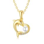 SISGEM 9 ct Gold Heart Necklace, Solid Yellow Gold Dolphin Pendant Necklace with Freshwater Cultured Pearl, for Women Girls Ladies Mum Sisters, 16"+1"+1"