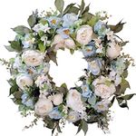 WANNA-CUL 24 Inch Spring White Peony Floral Wreath for Front Door with Baby Blue Rose Flower for Wedding or Home Decor