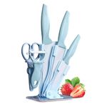 Kitchen Knife Set, 6 Pieces Ceramic Chef Knife Set with Acrylic Stand, Non-Stick Knife Block Set with Sharp Blades, Cooking Knife Set for Cutting Meat Vegetables Fruit (Blue)