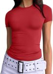 Trendy Queen Womens Basic T-Shirts Scoop Neck Short Sleeve Crop Tops Cute Summer Tops Slim Fit Tees Y2k Clothing 2024, Red, Medium