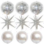 Silver Disco Foil Balloons Decorations - 9 Pieces Disco Ball Balloons 22 Inch 4D Explosion Star Foil Balloon for Men Women Kids 70s 80s 90s Outdoor Indoor Home Hip Hop Dance Birthday Hen Party