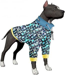 LovinPet Dogs Pajamas, UV Protection, Post Operative Protection Dog Apparel, 2 Legged Coverage Dog Jumpsuit, Stretchable Round Neck Drawstring Blue Planet Prints Pet Clothes