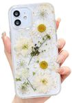 Abbery for iPhone 12/iPhone 12 Pro Case Floral Cute Design Glitter&Sparkle Clear with Real Dried Pressed White Flowers Pattern Slim&Thin Soft TPU Pro tective Women Girl's Phone Cover