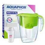 AQUAPHOR Smile Water Filter Jug - 2.9L, Fits Fridge Doors, Lightweight, Space-saving, Includes 1 x A5 350L Filter with added Magnesium, Reduces Limescale, Chlorine, Microplastics - Green