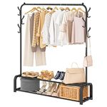 UDEAR Garment Rack Free-Standing Clothes Rack with Top Rod,Lower Storage and 6 Hooks,Black