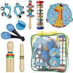 Musical Toys Instruments Set for Kids,Preschool Music Toy Wooden Percussion for Boys Including Tambourine,Rainmaker,Maracas,Early Development and Educational Learning (Blue)