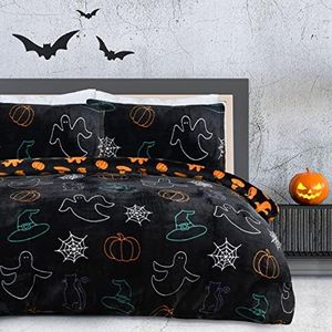 Sleepdown Juego de Funda de edredón Reversible con Fundas de Almohada y Fundas de Almohada de Franela de Color Negro y Naranja, tamaño King (230 x 220 cm)