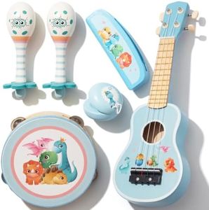 WoodenEdu Kids Guitar for Girls, Wooden Musical Instruments Toys with Ukulele, Tambourine, Maracas, Harmonica, Mini Band Sets for Toddlers 2 3 Years Old Birthday Gift (Blue for Boys)
