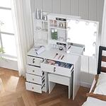 White Makeup Vanity Desk with Lights Mirror, Adjustable 3 Lights Modes, Vanity Table with Hidden Storage Shelves and Drawers, Modern Vanity Set Dressing Table with Stool