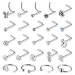 KUUQA 24 Pcs Nose Rings Set Czech Diamond Nose Stud Butterfly Star Rose Nose Screw Nose Hoop Ring Earrings Lip Piercing Jewellery, 20 G