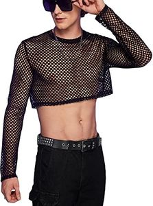 WDIRARA Men's See Through Fishnet Mesh Long Sleeve Sheer Crop Tops Party Club Top Black XS