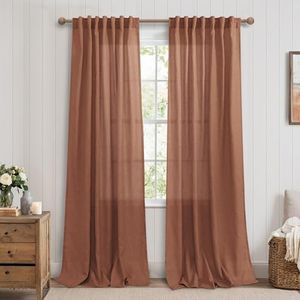 Farmhouse Curtains for Living Room,Terracotta Boho Fall Vintage Earthy Semi Sheer Flax Linen Curtain Window Drapes for Bedroom 84 Inch Length Set 2 Panels,Rustic Modern Bohemian Rust Decorative