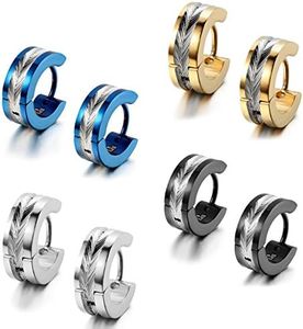Flongo Men's Womens Biker Stainless Steel 4mm Wide Vintage Huggie Hinged Stud Hoop Earrings, Stainless Steel
