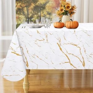 misaya Rectangle Waterproof Vinyl Table Cloth, Wipeable Tablecloth with Flannel Backing, Plastic Table Cover for Dinner, Picnic, Indoor and Outdoor (White Gold Marble, 60" x 120")