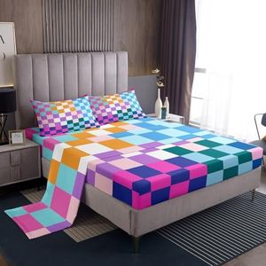 Feelyou Multicolored Checkered Retro Bedding Sets Kids Boys Girls Geometric Vintage Bed Sheets King Size Rainbow Colorful Fitted Sheet Set Modern Simple Groovy Aesthetic Room Decor
