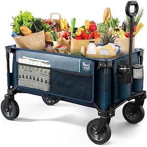 TIMBER RIDGE Collapsible Outdoor Folding Wagon Cart Heavy Duty Camping Patio Shopping Garden Cart with Side Bag Cup Holder,Blue