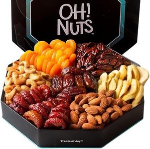 Oh! Nuts 7 Section Dried Fruits and Nuts Gift Basket - Gourmet Assorted Fruit & Nut Gifts Baskets - Healthy Food Hexagon Metal Tin Box - Festive Gifts for Holiday, Birthday, Corporate Women & Men