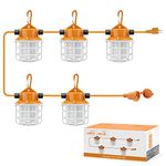 50FT Construction String LED Lights 75W 7500LM Super Bright Industrial Grade LED String Work Light with Protective Cages and Hook for Construction Sites, Temporary Work, Jobsite, Outdoor Lighting