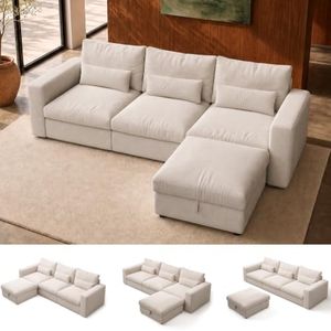 Marsail Oversized Modular Sectional Sofa with Adjustable Backrest, Beige | 112.6" Comfy Cloud Couch for Living Room, 28.7" Extra-Deep Seat, Movable Storage Ottoman, Easy-Cleaning & Pet-Friendly Fabric