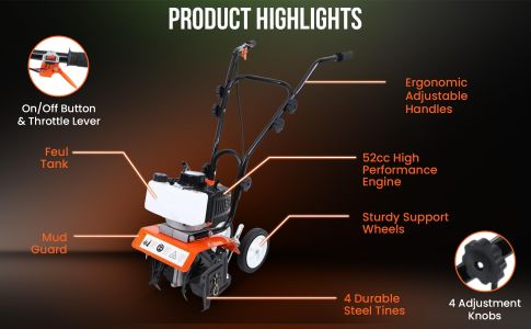 DEALOURUS 52cc Petrol Garden Tiller – 3HP 2-Stroke Soil Cultivator