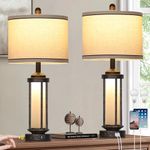 Farmhouse Industrial Table Lamps, Vintage Rustic Retro Beside Lamps with USB A+C Charging Ports & AC Outlet, Modern Nightstand Lamps with Glass LED Night Light for Living Room Bedrooms End Table