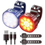 USB Rechargeable Bike Lights Set，IP65 Waterproof Mountain/Road Headlight and Taillights，8+7 Lighting Modes，Super Bright Front Light with Spotlight and Floodlight，Suitable for All Bikes