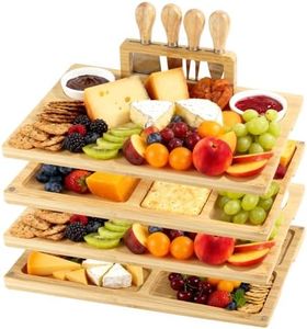 Bamboo 4 Piece Charcuterie Platter - Cheese Board Knife Set, Wooden Dinner Plate and Knife Set with Knife Holder, Suitable for Personalized Gifts Weddings, Housewarming, Birthdays, Christmas