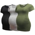 Bearsland Womens Maternity Tshirt 3 Packs Classic Side Ruched Tee Top Mama Pregnancy Clothes,Black+LightGray+ArmyGreen,S