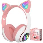 Lirunshe Headphones with LED Light Up, Cat Ears Bluetooth Headphone for Girls, Over-Ear Adjustable Stereo Headsets with Microphone for Kids Girls Women