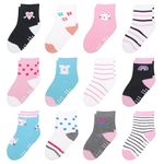 Toddler Socks Girls 3T 4T 5T Little Kids Socks 3-4-5 Years Old 12 Pairs Non Slip with Grip Crew Cotton Socks for Girls(Multi-Patterns)