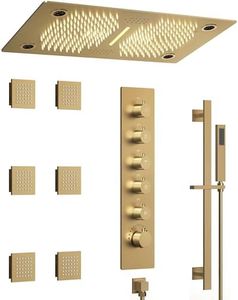GRANDJOY 27.5"x15.7" Full Body Thermostatic LED Shower System, 64-Color Waterfall Rainfall & Rotating Sprays, 5 Simultaneous Functions with Body Jets & Handheld, Ceiling Mount, Brushed Gold