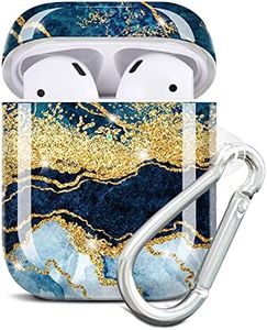 JIAXIUFEN AirPods Case Cover Gold Sparkle Glitter Marble Design Cute Full Protective Silicone TPU Skin Accessories for Women Girl with Keychain for AirPods 2 & 1 Charging Case - Dark Blue