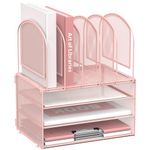 DALTACK Paper Desk Organizer, 3-Tier Letter Tray with 5 Vertical File Holders, Multifunction Desk Organizer, Desktop File Folder Organizer, Desk Organizers and Accessories for Home Office, Pink