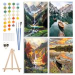 4 Pack Paint by Number Kit for Adults Framed Canvas, Adult Paint by Number Kits with Easel, Acrylic Easy Paint by Numbers for Beginners, Boat On Mountains Lake Arts and Crafts for Home Decor-8x12in