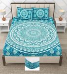 RajasthaniKart® Pure Cotton 144 TC Printed Double/Queen Bed Elastic Fitted Bedsheet with 2 Pillow Covers - All Around Elastic | 60"x78", Fits Up to 8" Mattress | Jaipuri Print, 5298