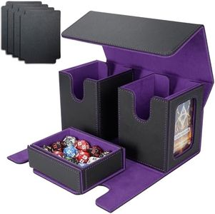 AFIING MTG Commander Card Storage Box - Fits 200 Double Sleeved Cards,3-in-1Card Deck Case,Strong Magnet Card Organizer For Magic Commander TCG CCG,4Dividers &2 Toploaders, Black/Purple