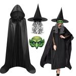 Landifor 3pcs Halloween Witch Costume for Women Wicked Witch Outfit - 150cm Witch Hooded Cape Witch Hat with Wig Green Witch Face Mask for Halloween Witch Vampires Themed Cosplay Party Fancy Dress