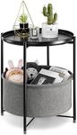 danpinera Round Side Table with Fabric Storage Basket, Metal Small Bedside Table Nightstand with Removable Tray Top for Living Room, Bedroom, Nursery, Laundry, Black